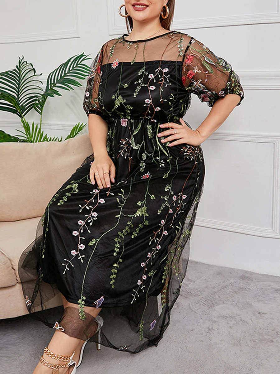 Dames kanten maxi-jurk off-shoulder bloemen geborduurd korte mouw V-hals plus size avondfeest elegante jurk