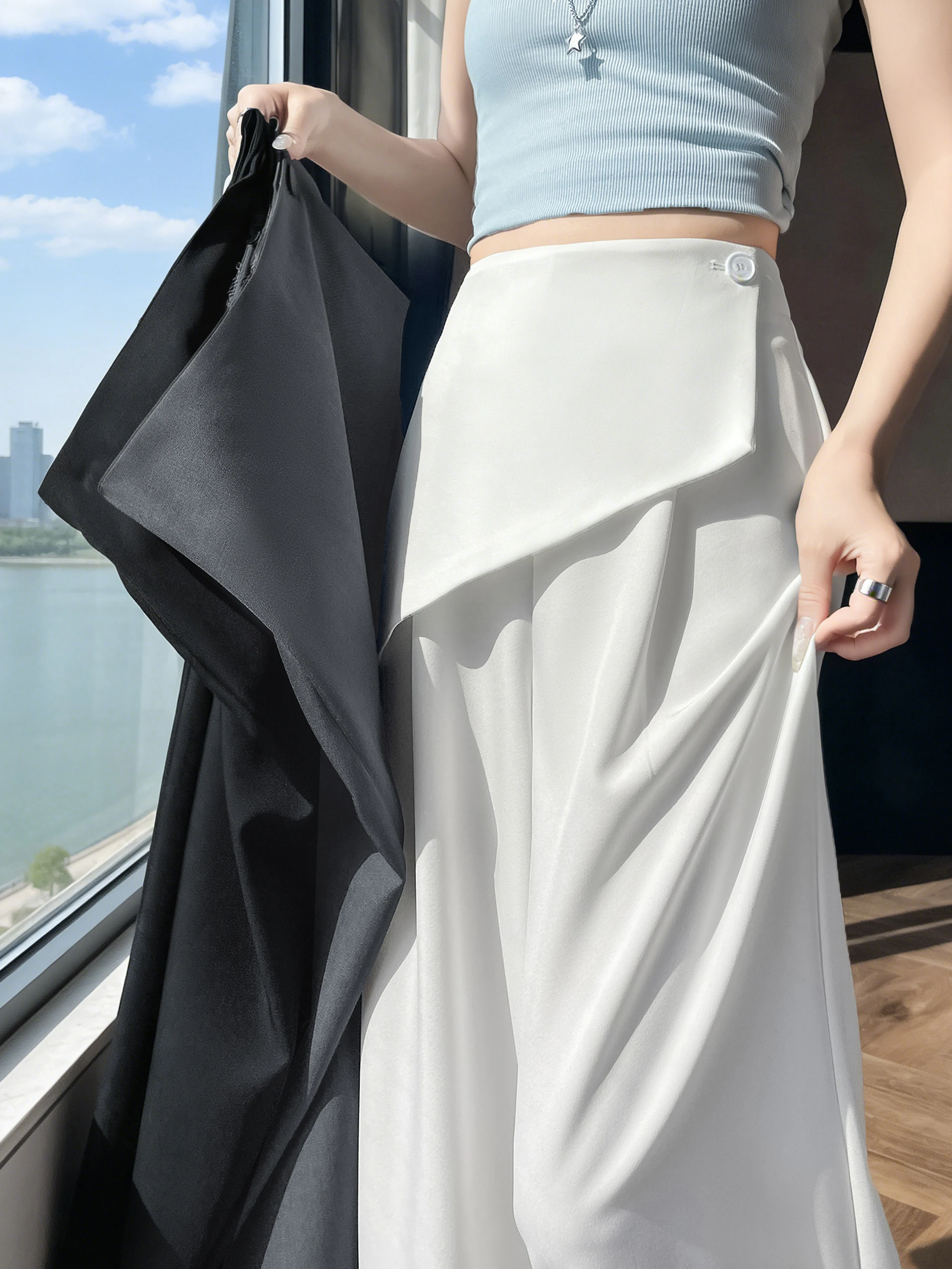 

High Waist Wide Leg Pants Women's Summer Thin Fake Two-Piece Casual Pants Drapey Slimming Suit Long Pants Korean Style Commute