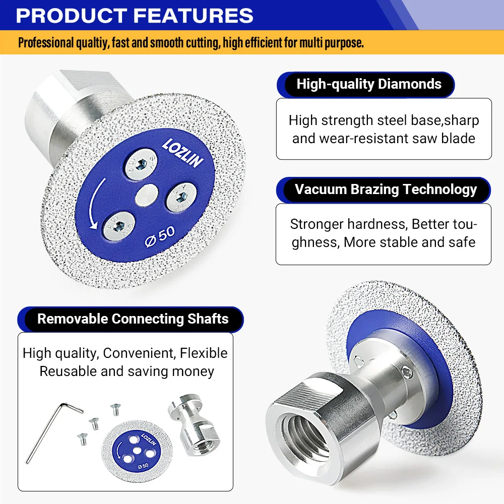 LOZLIN 3PCS 50mm Diamond Saw Blades 5/8-11 Detachable Flange for Granite Marble Ceramic Tile Glass Cutting Grinding Engraving Tool view 5