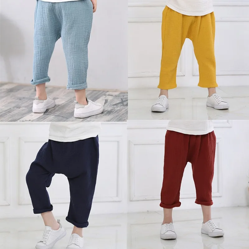 

Cotton Linen Children's Pants Wrinkled Cotton Gauze Lightweight Breathable 9-inch Harun Pants Summer Mosquito Repellent Pants