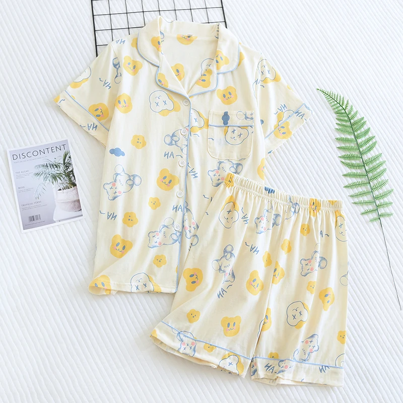 

New Summer Ladies Knitted Cotton Short-sleeve Mujer Pajamas Set Sleepwear Female Pijama Suit Loungewear Pyjama Feminino Homewear