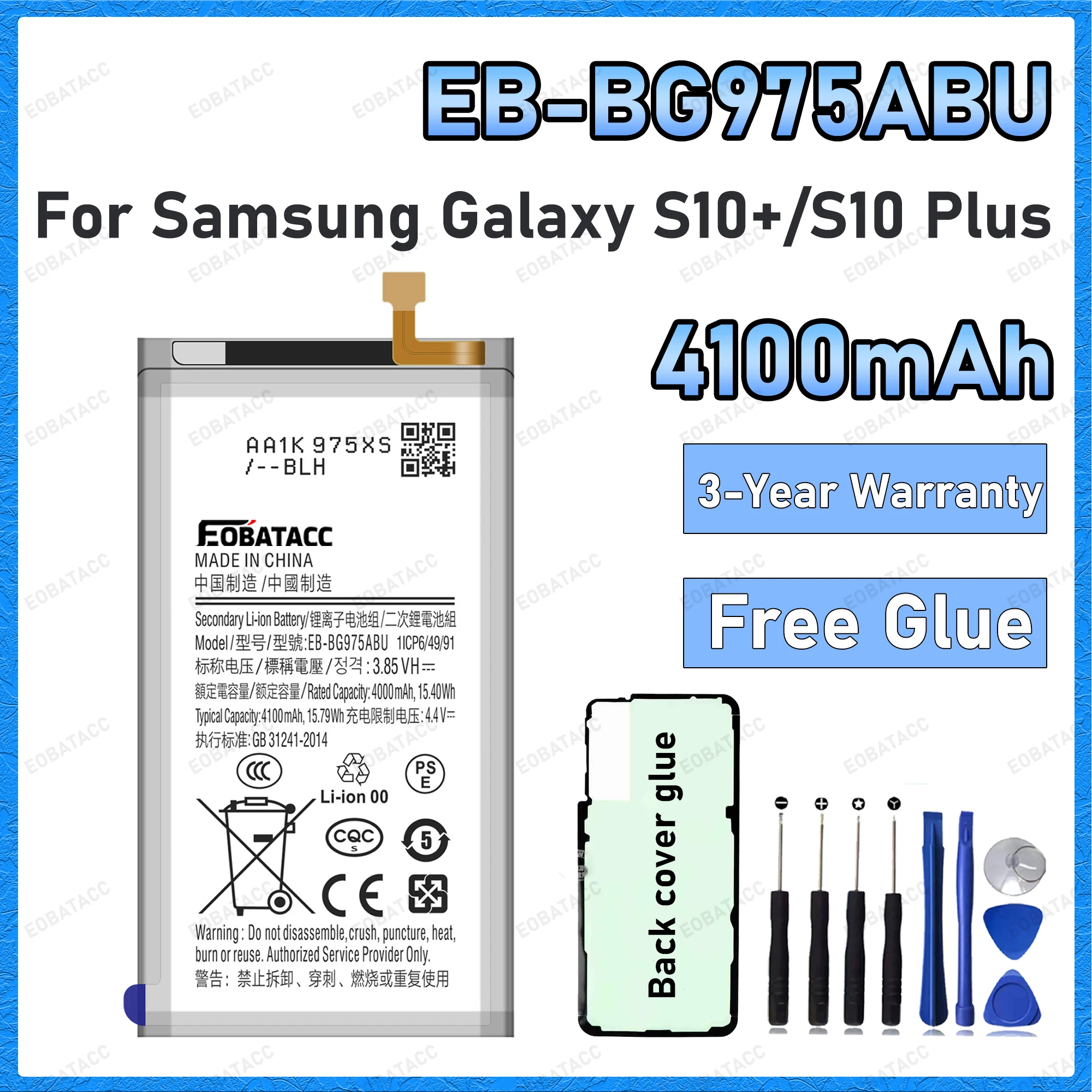 4100mAh EB-BG975ABU Battery For Samsung Galaxy S10+/S10 PLUS Replacement Batteria Batteries+Free Back cover adhesive