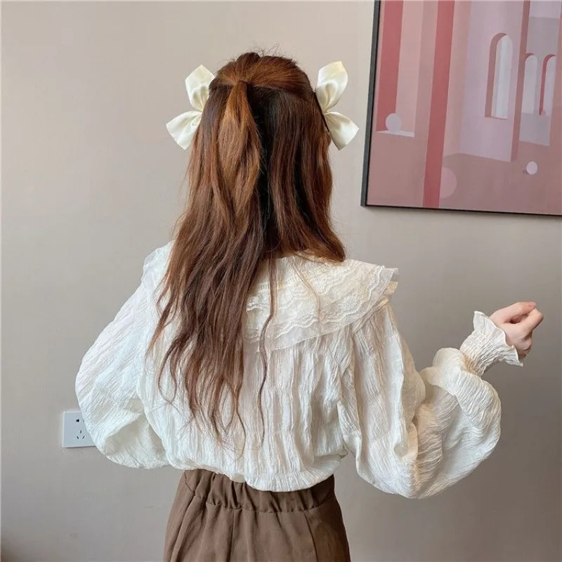 Sweet Peter Pan Collar Shirts for Women Fashion Girls Lolita Basic Long Sleeve Tops Autumn Tender Feminine Aesthetic Clothing