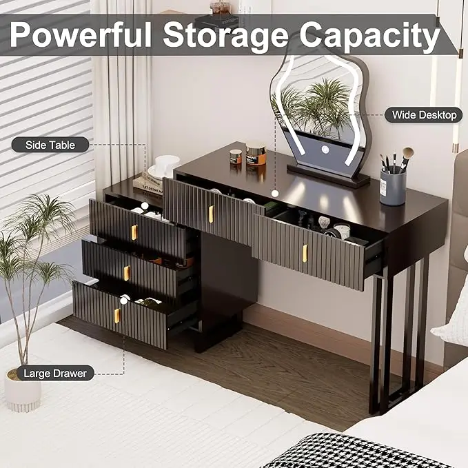 Bureau de vanité avec miroir et 3 modes d'éclairage, ensemble de vanité de table en élasthanne avec 5 portes de proximité