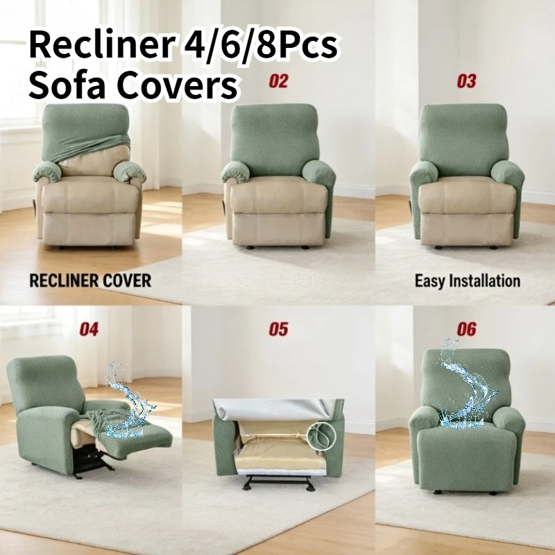 Waterproof Solid Stretch Recliner 4/6/8Pcs Sofa Covers Elastic Split Armchair Chair Cover Non-Slip Chairs Slipcovers Living Room