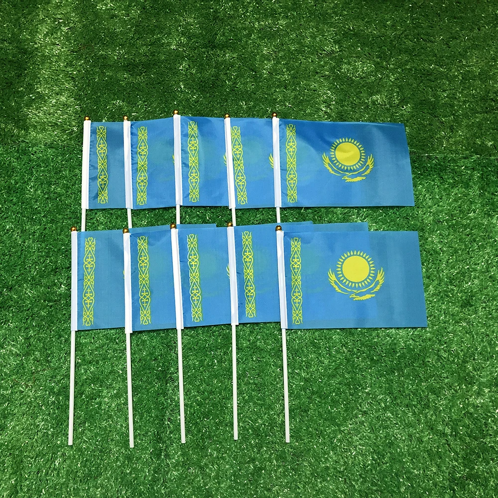 SKY FLAG Kazakhstan hand flag 14x21cm 100pcs polyester double side penetration Kazakhstan KAG hand waving Flag with plastic pole