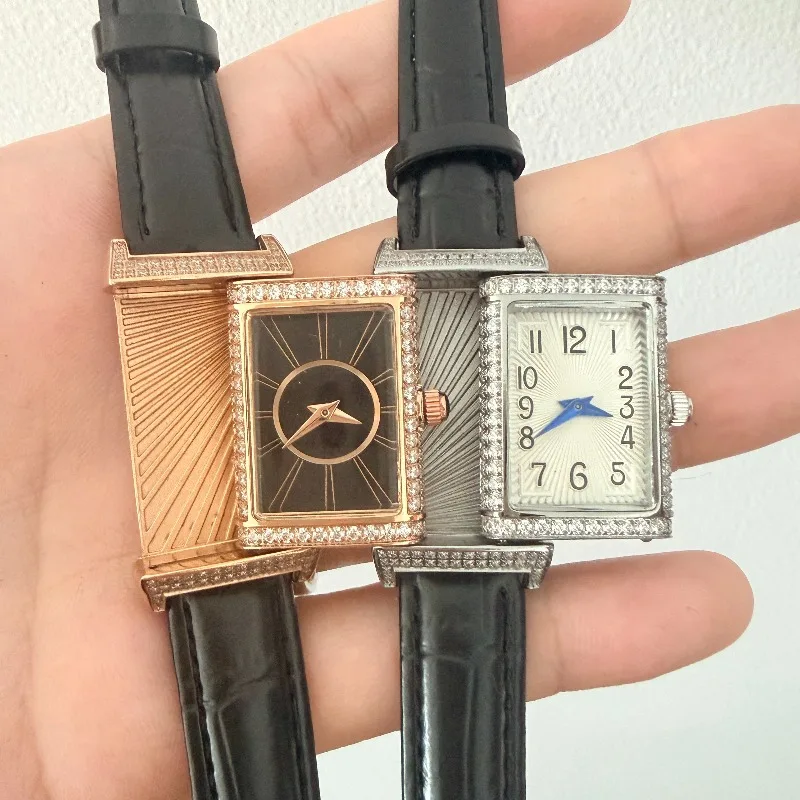 NEW 21mm Retro Niche Temperament Slide Design Leather Women's Quartz Square Diamond Set Case Leather Strap Stylish Men's Watches
