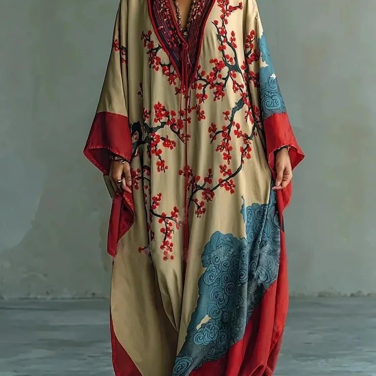 Women's Floral Print V Neck Long Sleeve Full Length Medium Weight Casual Western Style Robe for Home and Hotel Wear Comfortable