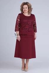 Plus size Burgundy Mother of the bride dress Tea-Length lace women's Dress for wedding Guest