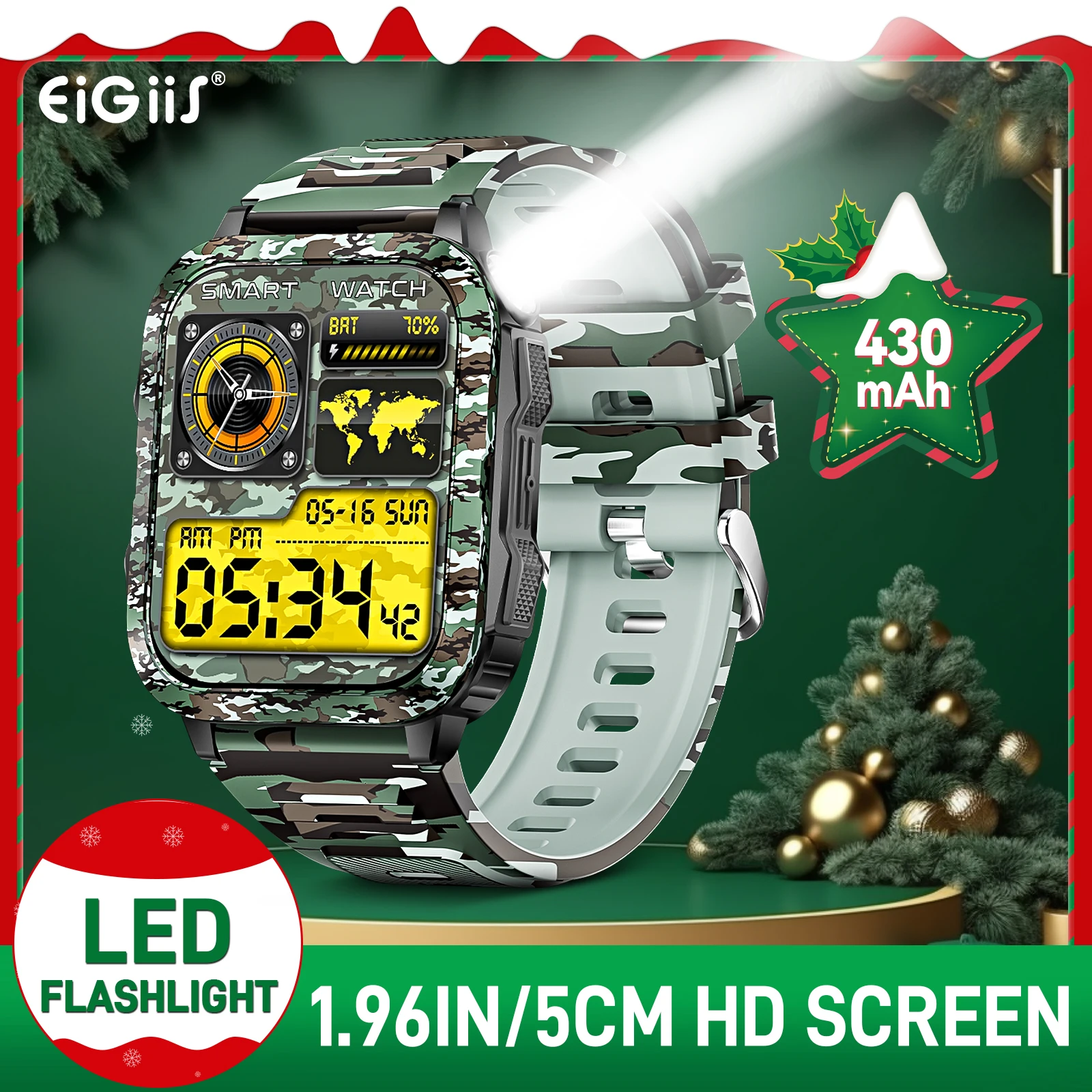 

EIGIIS KT79 Men Smart Watch with LED Flashlight 3ATM Waterproof Watch Fitness Tracker with Heart Rate Sleep Monitor MakeCalls