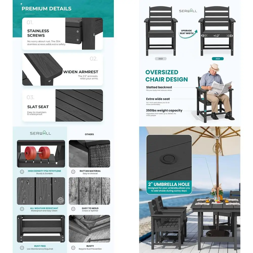 

7-Piece Outdoor Dining Set With Umbrella Hole Table And 6 Chairs, Black HDPE Furniture