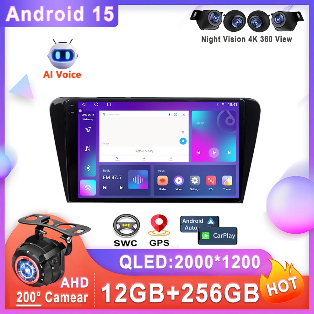 

Car Stereo Head Unit Multimedia Player Android 15 Auto Radio for Skoda Octavia 3 A7 2013-2018 No 2Din DVD Dash Cam QLED Screen
