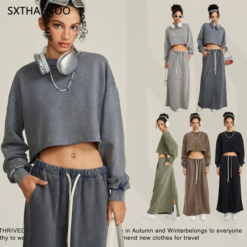 

SXTHAENOO Cotton Women's Hooded Sweatshirts Casual Solid Long Sleeve Harajuku Streetwear Cropped Pullover Winter Clothes 2025