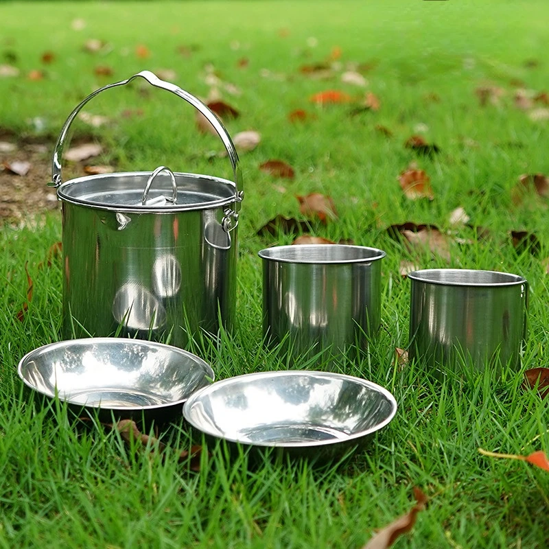5 قطعة مجموعة أدوات مائدة للتخييم من الفولاذ المقاوم للصدأ بما في ذلك وعاء كوب غلاية ومقبض قابل للطي للتنزه في الهواء الطلق والنزهات والطهي والسفر #2