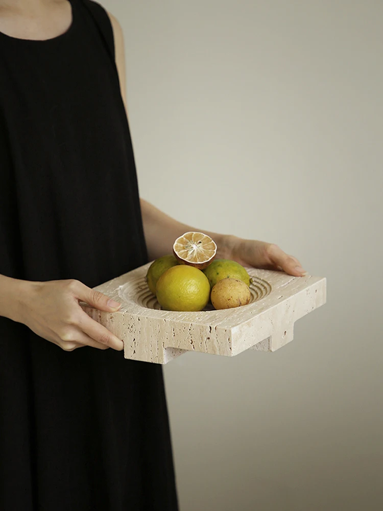 Beige Travertine Stone Tray Storage Container for Salad Bread Vintage Marble Fruit Bowl for Table Decor and Kitchen Counter