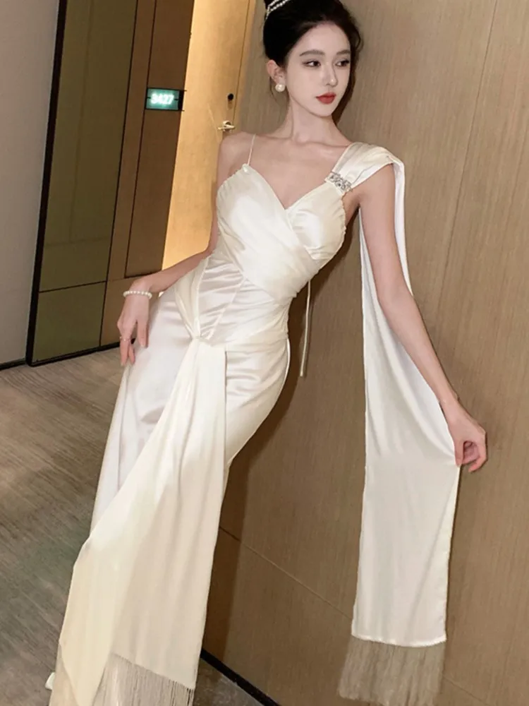 Elegant Party Dresses Woman Spaghetti Straps Princess White Wedding Evening Dress Ladies New Vestidos Long Robe Formal Occasion