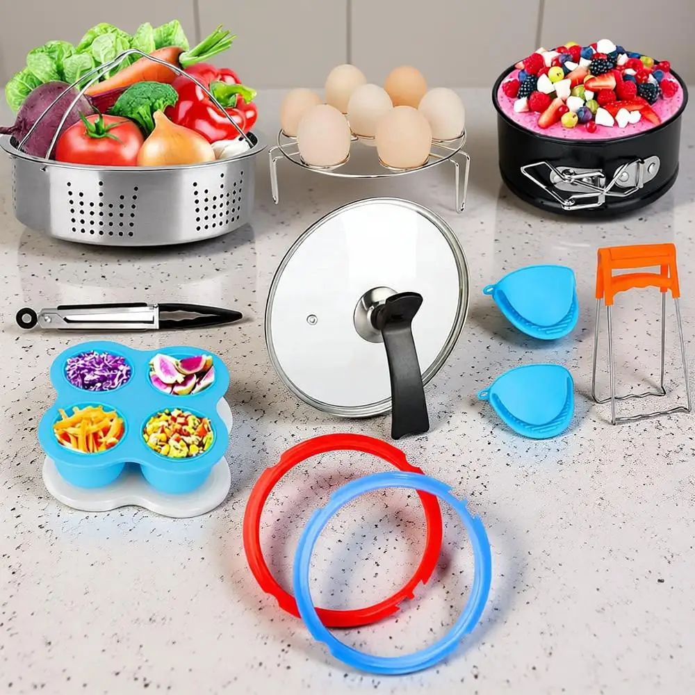 

3 Quart Accessories Set for Pot: Cake Bg Barrel, Steamer Basket, Tempered Glass Lid, Silicone Sealing Rings, Egg Steamer Rack, E