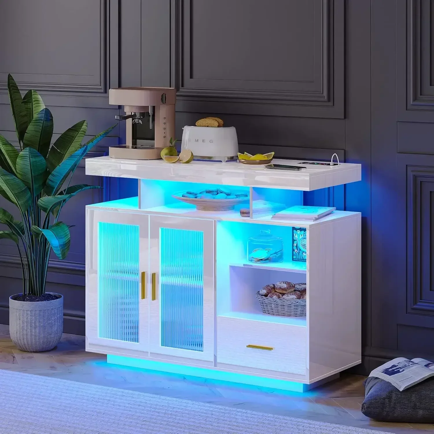 39.4" Modern LED Sideboard Buffet Cabinet with Charging Station, High Glossy Cupboard with Motion Sensor Light