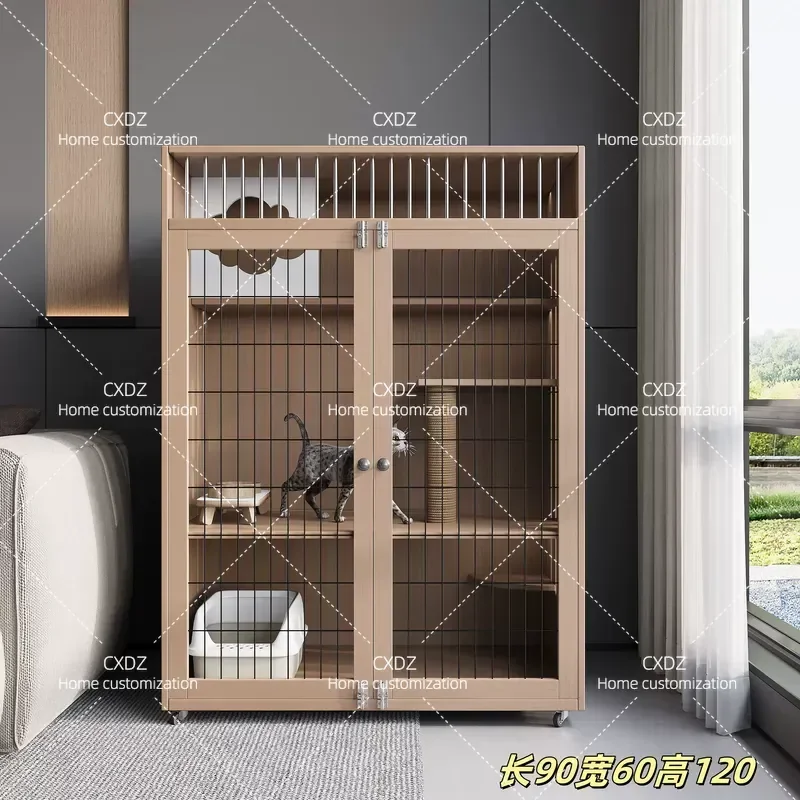 Custom Double Layer Solid Wood Cat Villa Indoor Cat House with Climbing Frame Large Space Luxury Cat Cage Nest Furniture
