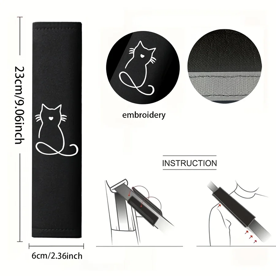 1Pair Kitten Embroidery Ice Silk Seat Belt Pads Soft Anti-Pinch Car Shoulder Covers Universal Interior Decor Accessories