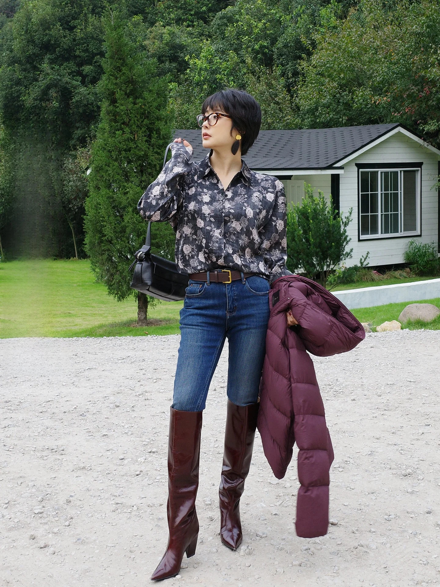 

Ele Floral Print Long Sve irt Women's Sle Winter Turn-down Collar Casual Top Polyester Fiber Thiened Knitted irt