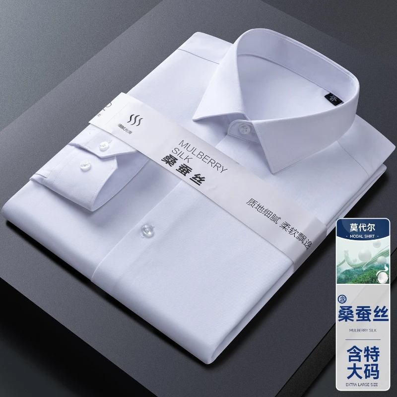 Large Size 8XL 9XL Anti-wrinkle Modal Mulberry Silk White Shirts for Men Short Sleeved & Long Sleeve Casual Shirt Men Business