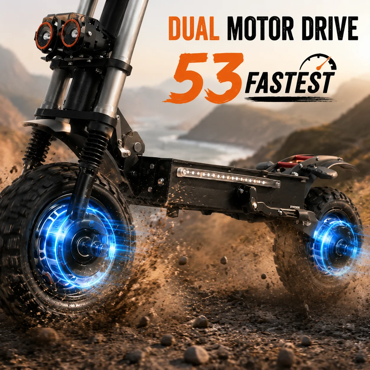 Freeboy J30MAX Dual Motor Electric Scooter 11 inch Tires All Terrain 6000W Strong Power 53 MPH Fast Speed 60V38AH Battery Long Range Full Suspension Front and Rear Hydraulic Brakes Big Screen Removable Seat LED Strip Rear Turn Signals Foldable Scooter