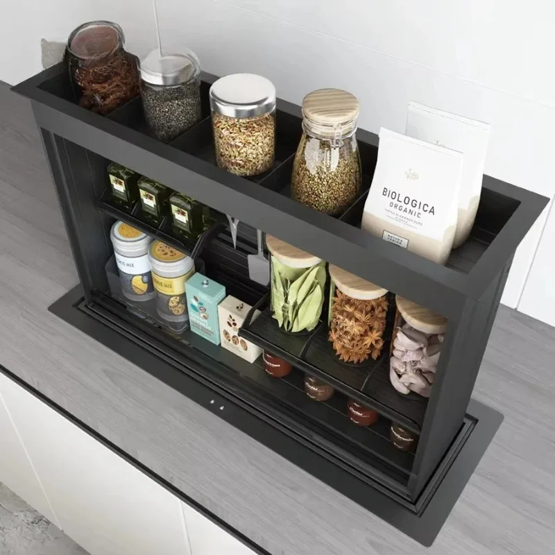 

Electric Lifting Hidden Pull Down Spice Rack for Modern Kitchen Countertops Acrylic Condiment Organizer