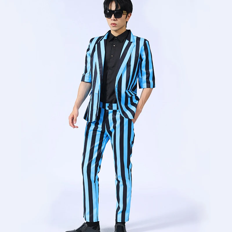 Male Blue Stripe Stage Costume Hip Hop Clothes Nightclub Suit Street Dance Wear Bar Gogo Dancer Performance Clothing VDB7750