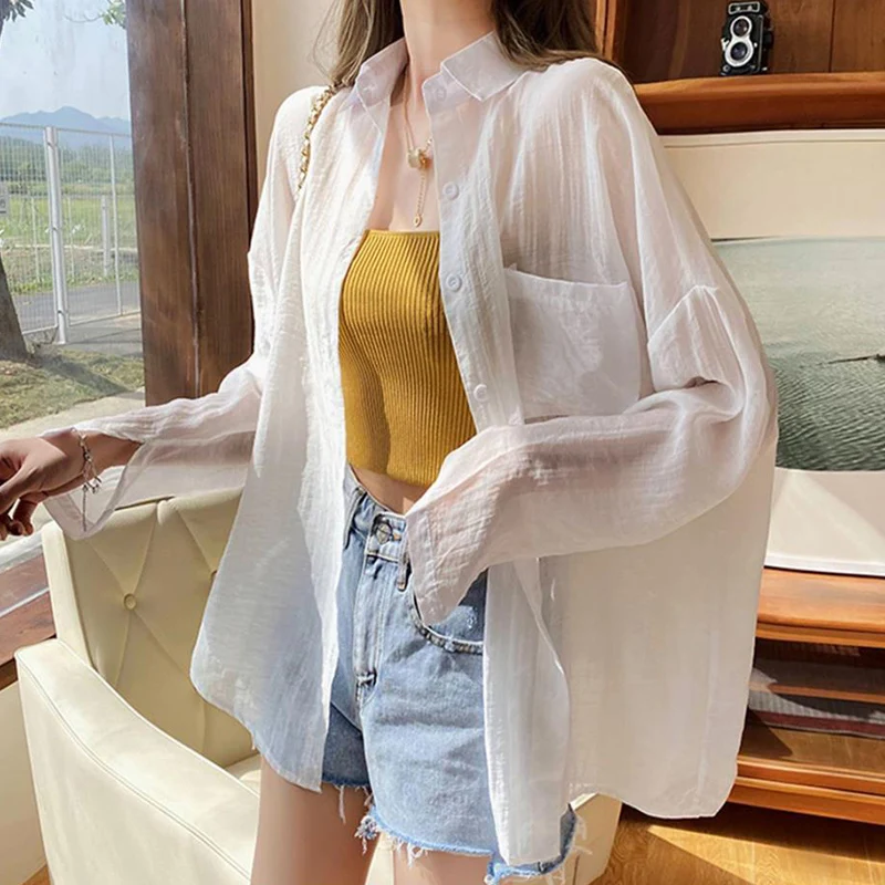 White Chiffon Sun Proof Blouse Women Summer Loose Long Sleeve Casual Thin Shirt Woman Simple Solid All Match Beach Shirts Mujer