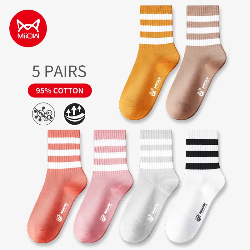 MIIOW 5Pairs Stripe Mid Tube Socks Women\'s Harajuku Brand Antibacterial Socks Leisure Girls Cute Cotton White Socks Deodorant