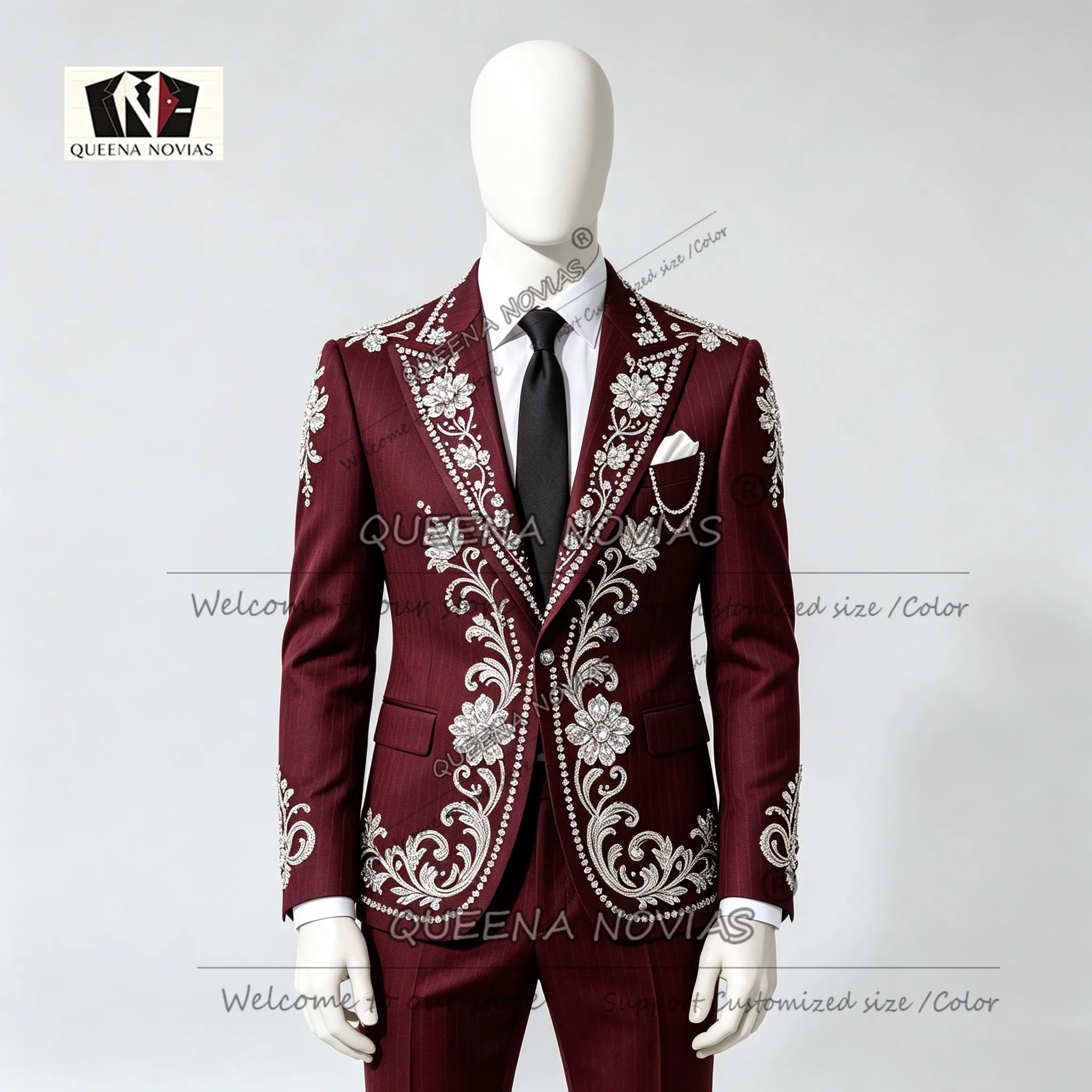 Striped Suits Men For Wedding Customzied Heavy Rhinestone Beadwork Jacket Pants 2 Pieces Sets Groom Tuxedo Attires Ropa Hombre