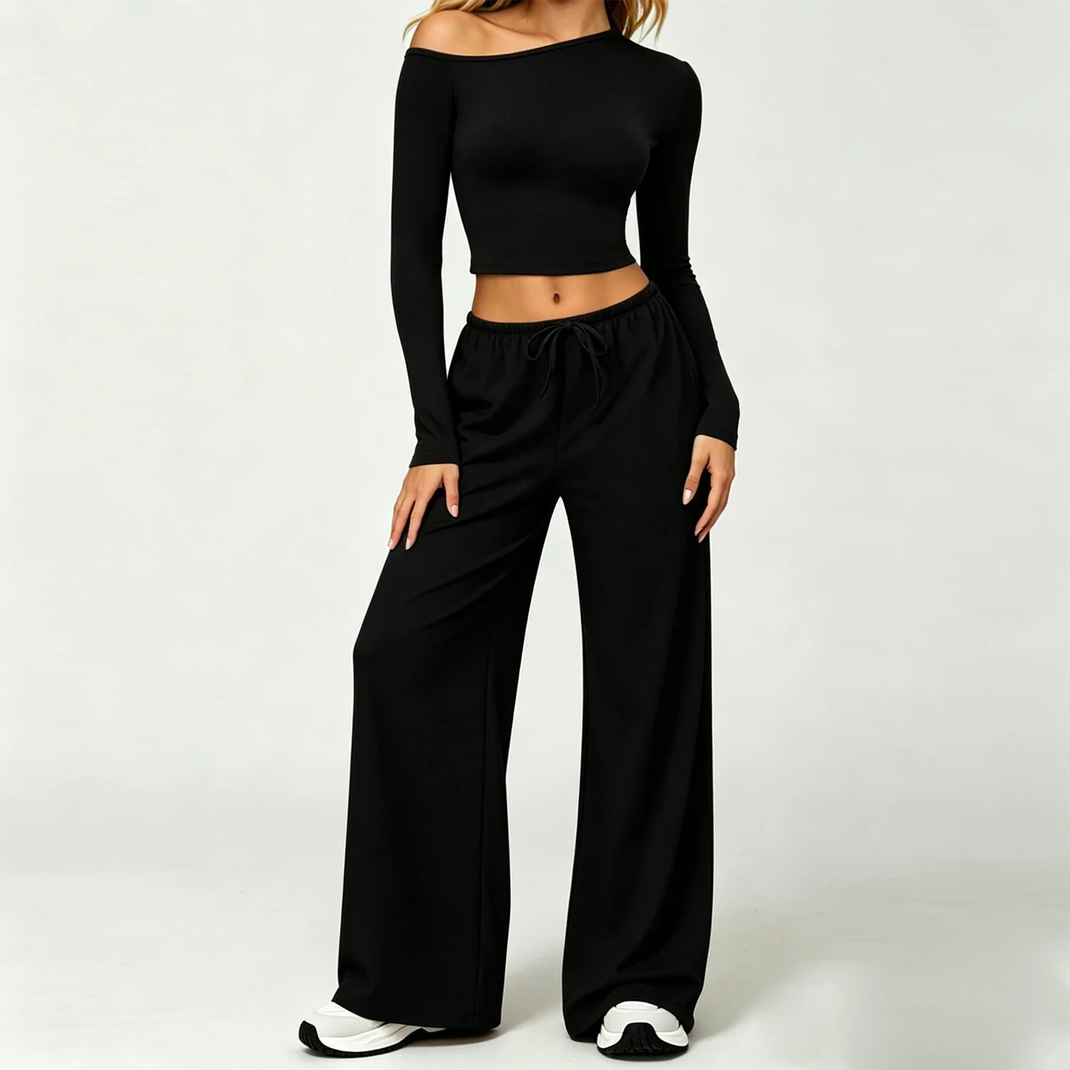 Women's 2Pcs Yoga Set Off Shoulder Long Sleeve Crop Top High Waist Wide Leg Pants Naked Feel Flowy Lounge Gym Activewear