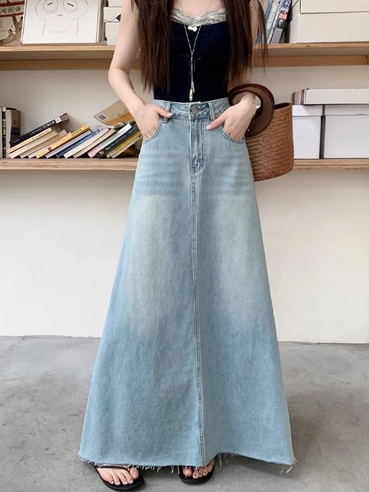 Qiukichonson Maxi Long Skirt Women Spring Summer Korean Casual High Waist Jean Skirt Ladies Tassel A-Line Ruffle Denim Skirt rok - view 4