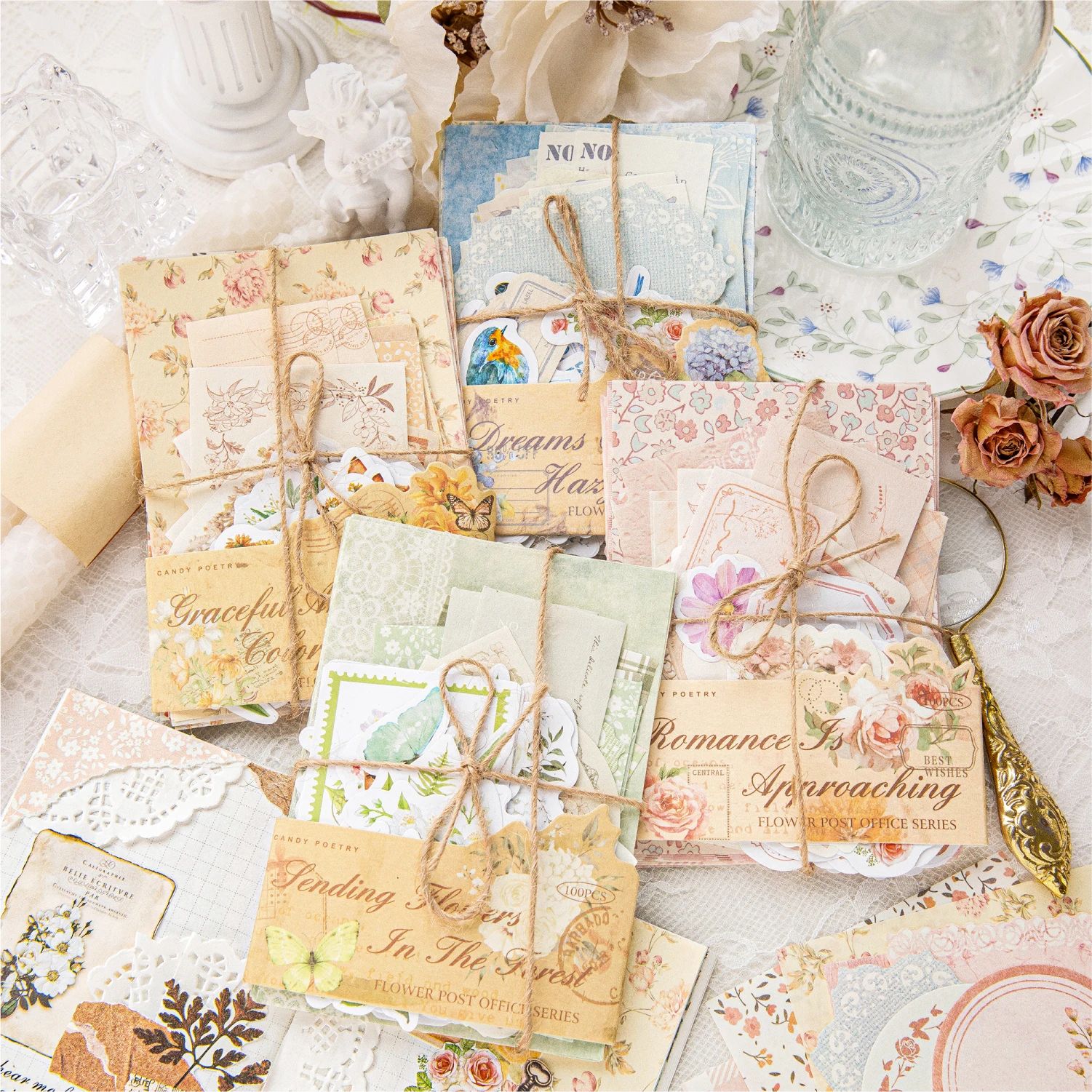 

4 Style Mixture Material Pack Flower Post Office Series Hollow Lace Frame Texture Material Paper For Handbook DIY Decoration