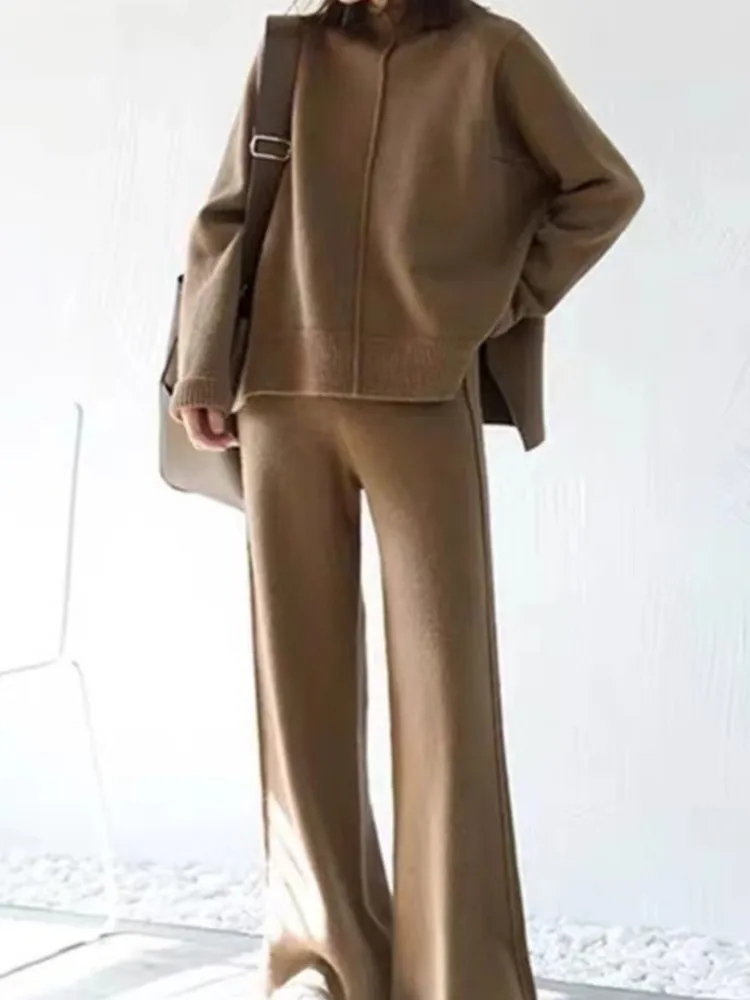 

Элегантный вязаный комплект из двух предметов, женский повседневный вязаный пуловер с круглым вырезом, свободные брюки, весенне-осенний модный наряд