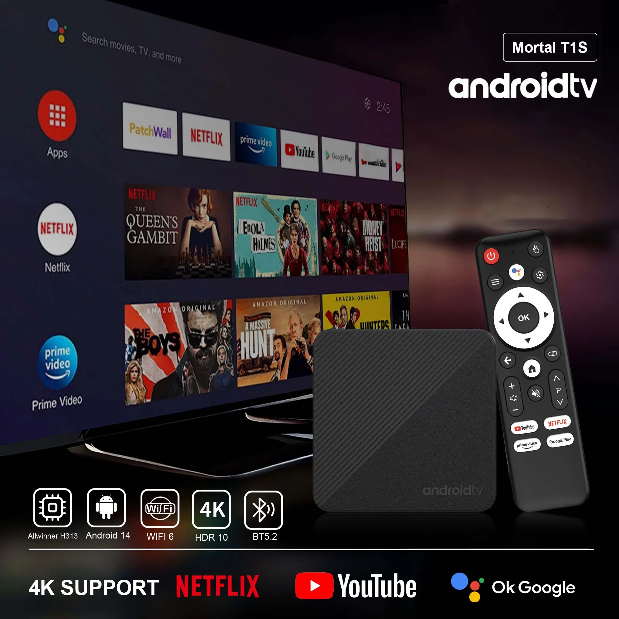 صندوق تلفاز Android T1S Smart 4K Home theater AllwinnerH313 Streaming Media H.265 Iptv Global Version Netflix YouTube Wifi6 1000M