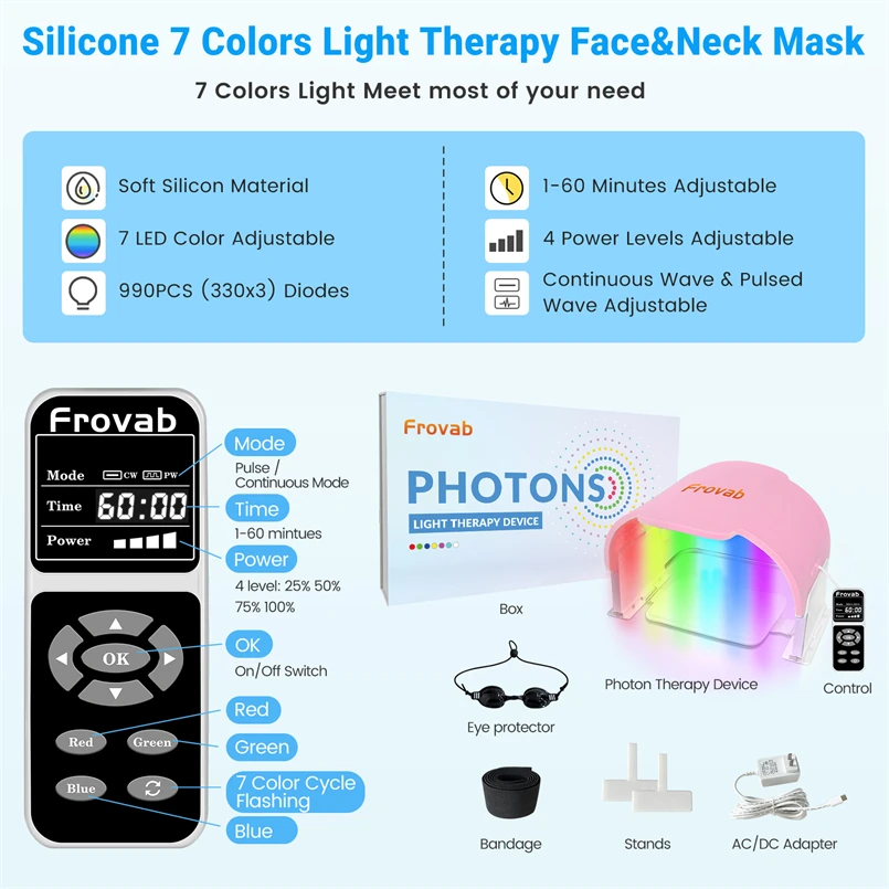 7 Colors LED Photon Beauty Mask Full Face LED Therapy Acne Light Therapy Red LED Therapy Mask for Wrinkle Removal Anti Acne