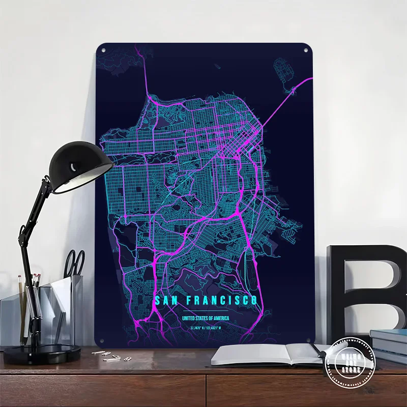 Neon San Francisco City Map 3D Printed Texture Poster Personalized Wall Art Retro Metal Tin Signs for Decor Luxury Wand Deko