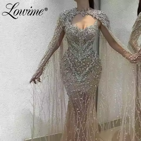 Customized Elegant Champagne Arabic Evening Dresses Crystals Beaded Party Gowns With Detachable Cape Formal Occasion Prom Dress