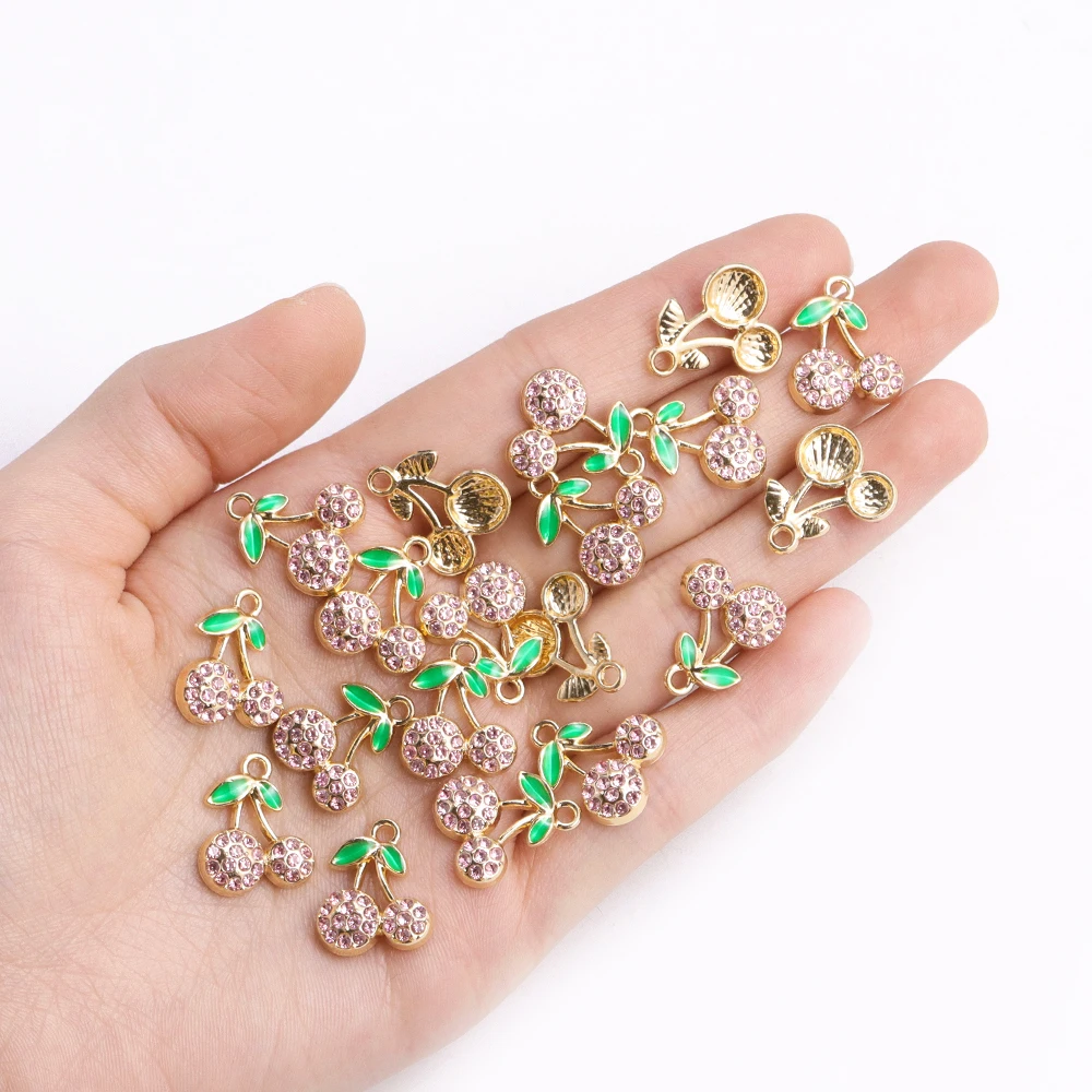 10Pcs Zircon Red Cherry Charms KC Gold Color Fruit Pendant Necklace Earrings DIY Jewelry Making High Quality Charms Supplies