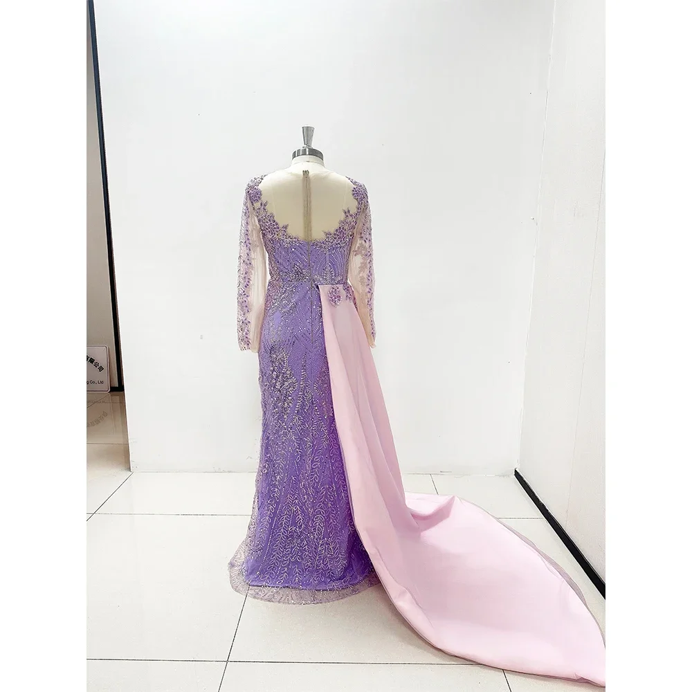 Gaun malam Ungu berpayet mewah gaun malam lengan panjang belahan samping kapel kereta applique putri duyung elegan Vestidos Formal wanita