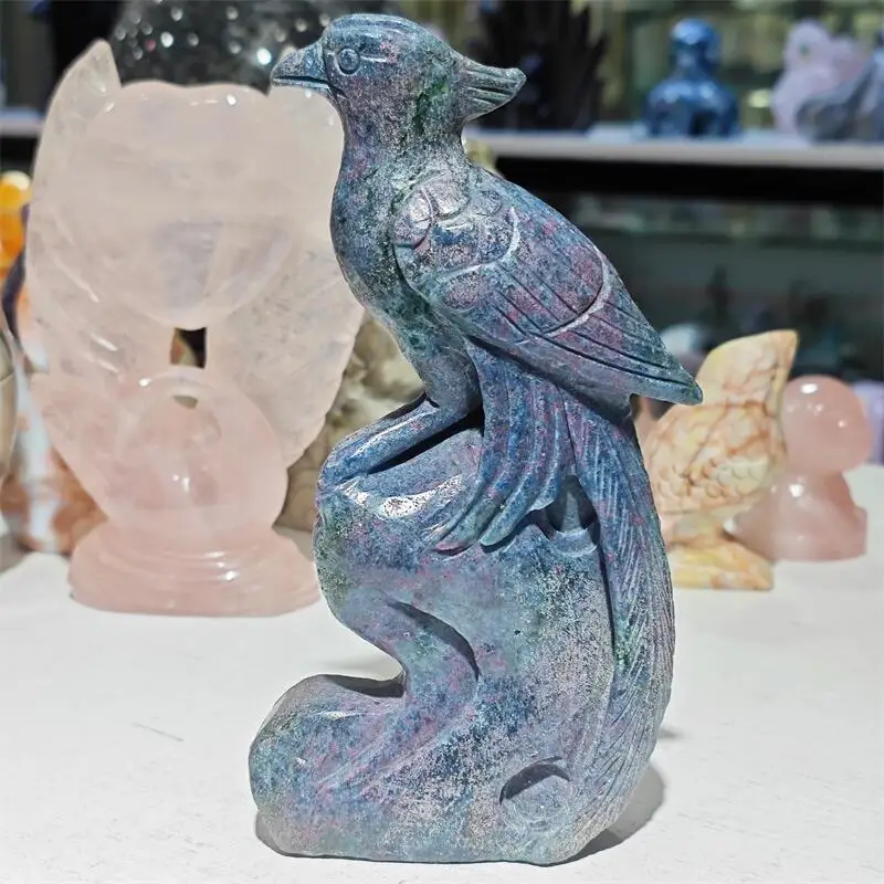 Natural Sapphire Phoenix Carving Reiki Healing Fengshui Stone Gift Home Office Decoration Gift 1PCS