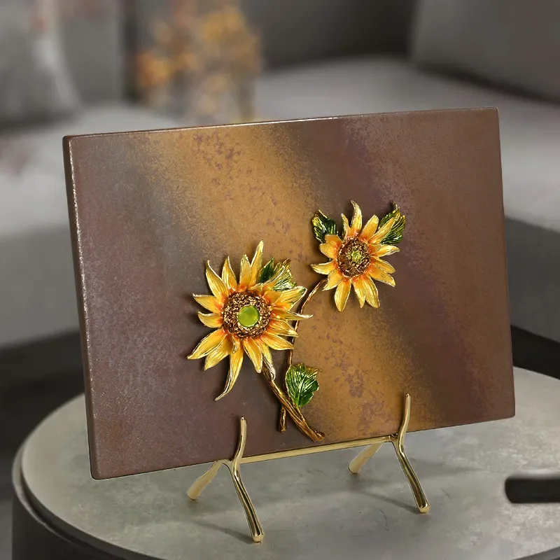 Handmade Ceramic Sunflower Plate Enamel Art Decor for Living Room TV Cabinet Wine Rack Porch Display High End Home Ornament