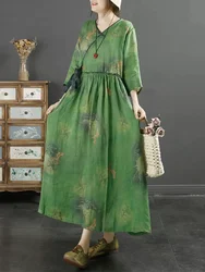 Summer Women Ramie Dress 3/4 Sleeve Floral Print Vintage Elastic Waist A-Line Long Dresses Yikamo Female Japanese Style CY257