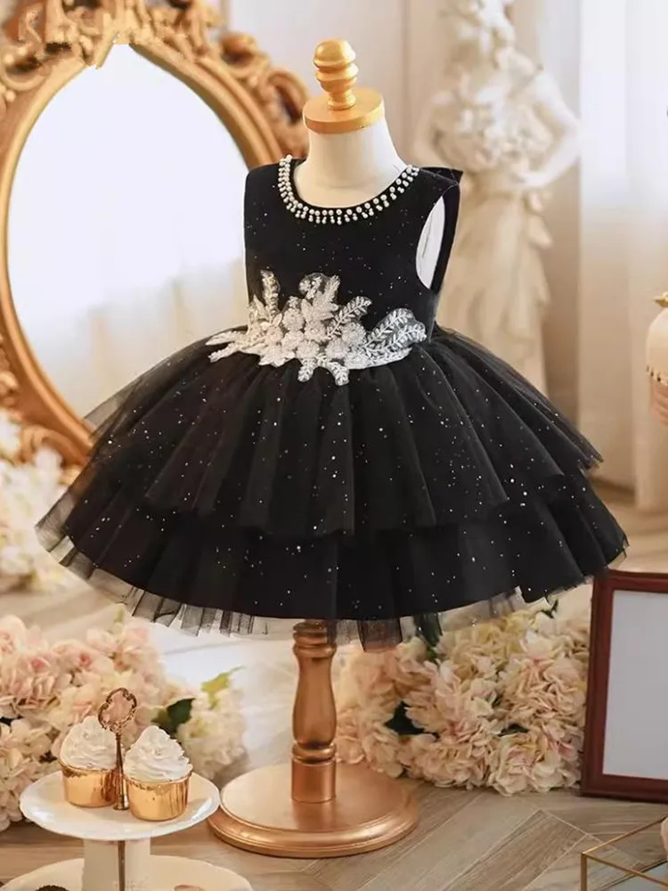 2024 New Kids Clothes Children Boutique Princess Ball Gown Birthday Baptism Party Girls Black Dresses A3692