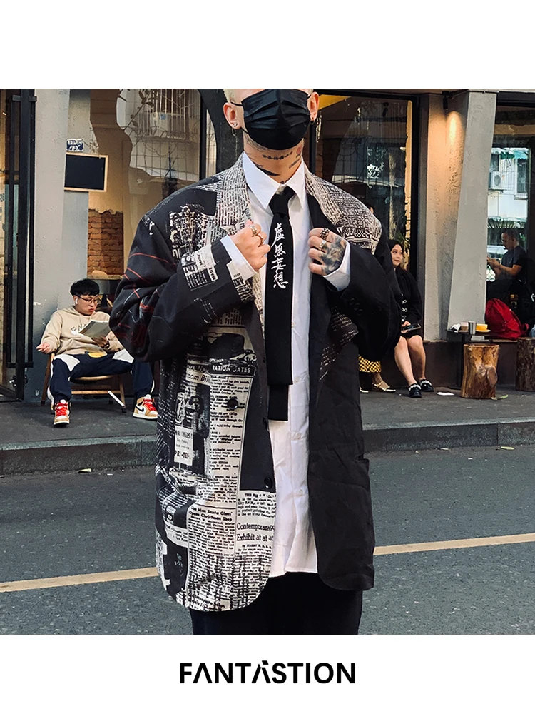 FANTASTION Unisex Vintage Style Blazer Oversized linen Jacket Light Luxury Newspapers Print Casual Fashion coat Blazers