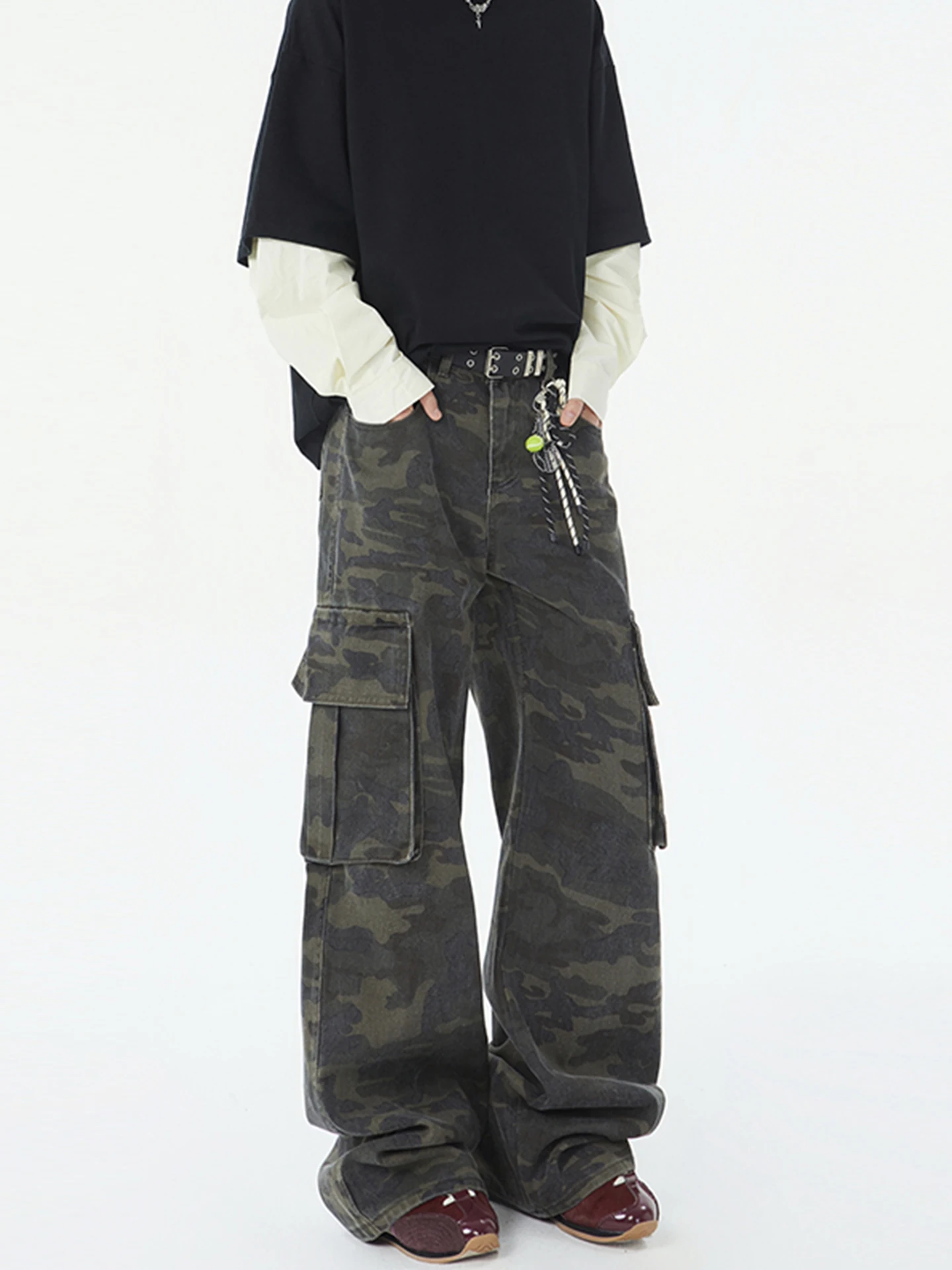 

Американские повседневные камуфляжные рабочие брюки с талией, мужские модные брендовые брюки в стиле ретро с несколькими карманами, прямые широкие брюки