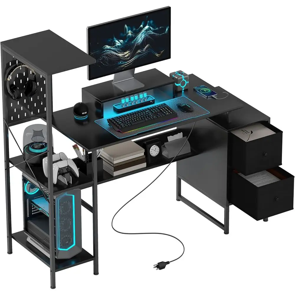 

56-inch Gaming Desk with Monitor Stand, LED Lights, Power Outlets, Storage Shelves, Fabric Drawers, 2 CPU Stands, Suitable for H