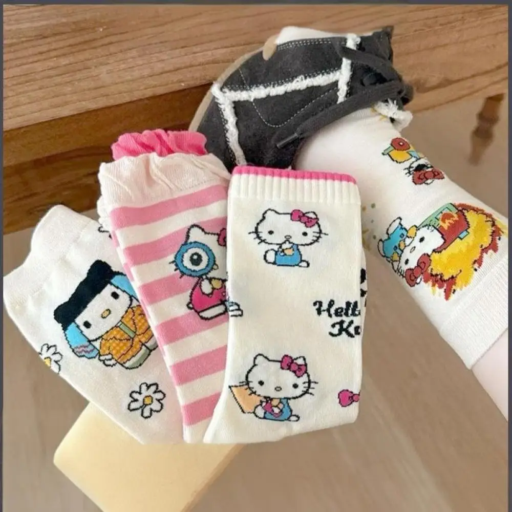 

1Pairs Miniso Hellokitty Kawaii Anime Mid-Calf Socks Cute Cartoon Spring and Summer Mid-Calf Socks New Style Girls Socks
